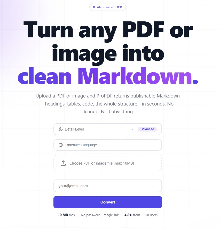 Screenshot of the ProPDF homepage