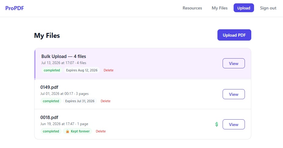 Bulk Upload Files List Screenshot